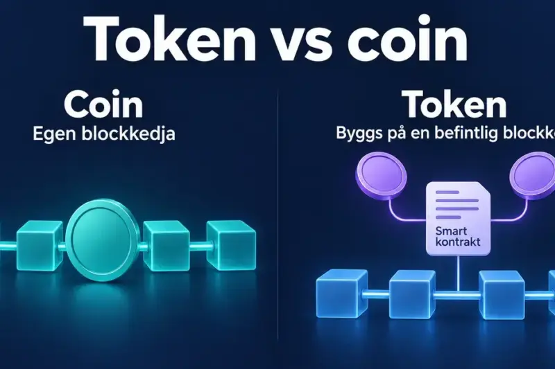 Grafik som visar skillnaden mellan en coin med egen blockkedja och en token som byggs på en befintlig blockkedja via ett smart kontrakt.