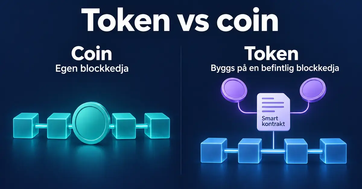 Grafik som visar skillnaden mellan en coin med egen blockkedja och en token som byggs på en befintlig blockkedja via ett smart kontrakt.