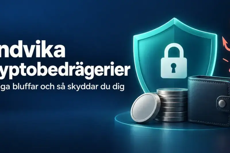 En sköld med hänglås skyddar en plånbok och mynt från en fiskekrok och en varningssymbol bredvid texten ”Undvika kryptobedrägerier – Vanliga bluffar och så skyddar du dig”.