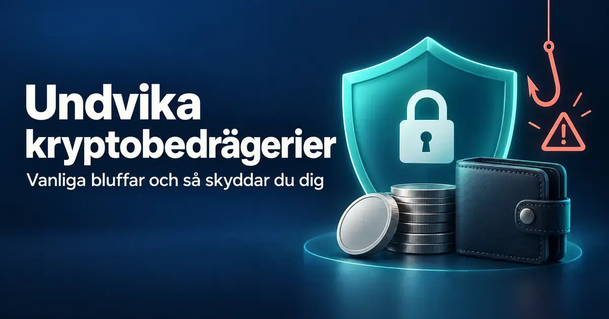 En sköld med hänglås skyddar en plånbok och mynt från en fiskekrok och en varningssymbol bredvid texten ”Undvika kryptobedrägerier – Vanliga bluffar och så skyddar du dig”.