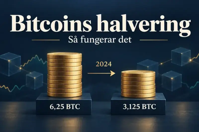 Illustration av Bitcoins halvering 2024, där blockbelöningen minskar från 6,25 till 3,125 BTC, med guldmynt, blockkedja och kurskurvor i bakgrunden.