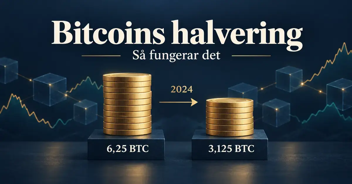 Illustration av Bitcoins halvering 2024, där blockbelöningen minskar från 6,25 till 3,125 BTC, med guldmynt, blockkedja och kurskurvor i bakgrunden.