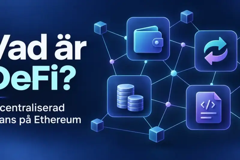 Illustration av DeFi på Ethereum med sammankopplade symboler för en digital plånbok, kryptobyten, mynt och smarta kontrakt.