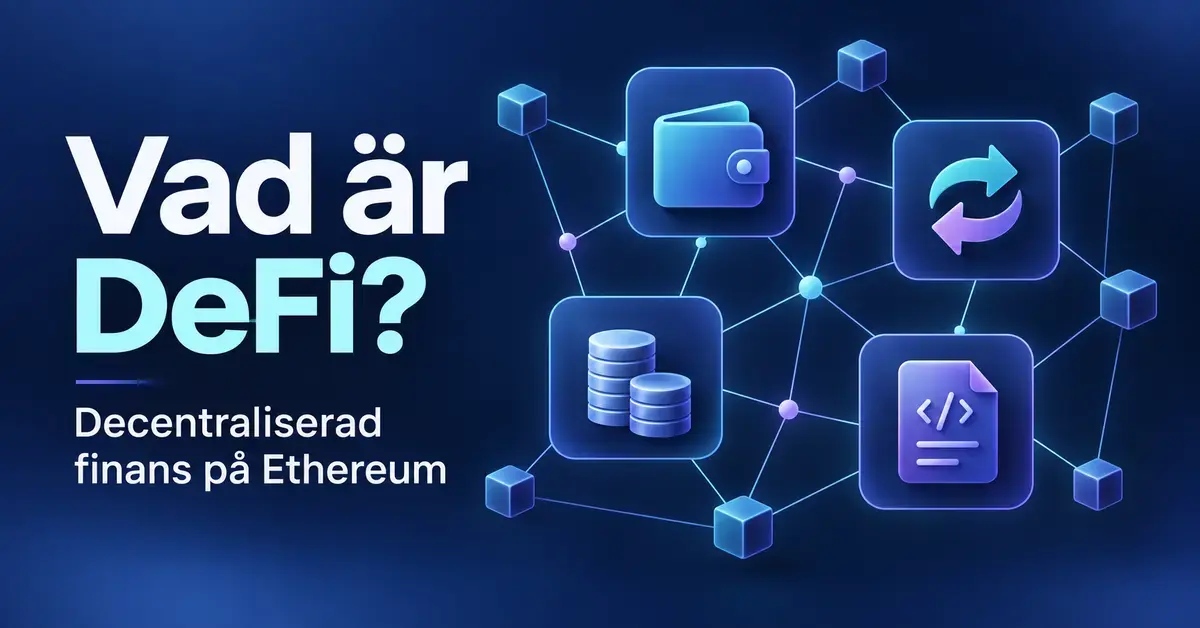 Illustration av DeFi på Ethereum med sammankopplade symboler för en digital plånbok, kryptobyten, mynt och smarta kontrakt.