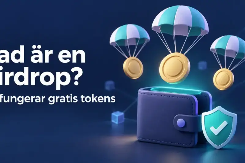 Illustration av tre tokens som dalar med fallskärmar mot en digital plånbok bredvid en säkerhetssköld och texten ”Vad är en airdrop? Så fungerar gratis tokens”.