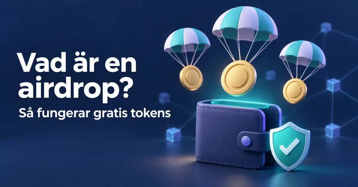 Illustration av tre tokens som dalar med fallskärmar mot en digital plånbok bredvid en säkerhetssköld och texten ”Vad är en airdrop? Så fungerar gratis tokens”.