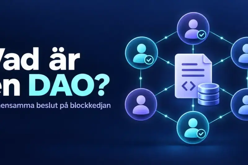 Illustration av en DAO där sammankopplade medlemmar röstar om gemensamma beslut och förvaltar en gemensam kassa med hjälp av smarta kontrakt på blockkedjan.