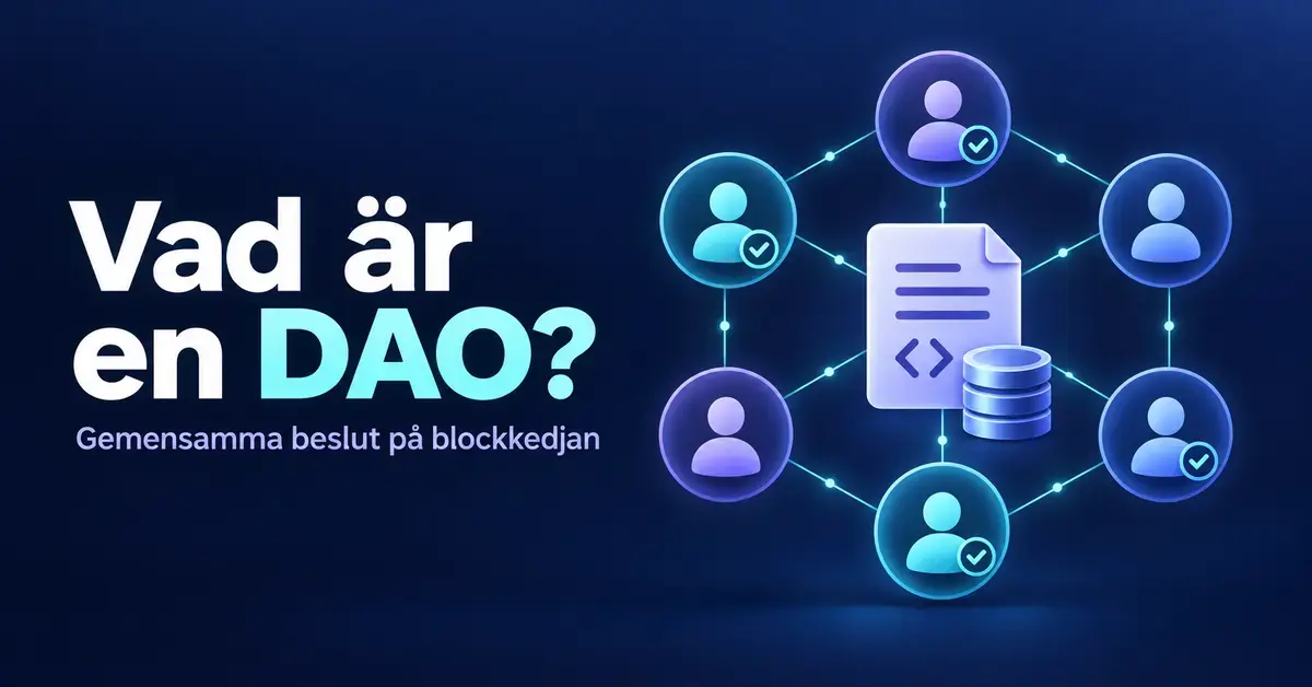 Illustration av en DAO där sammankopplade medlemmar röstar om gemensamma beslut och förvaltar en gemensam kassa med hjälp av smarta kontrakt på blockkedjan.