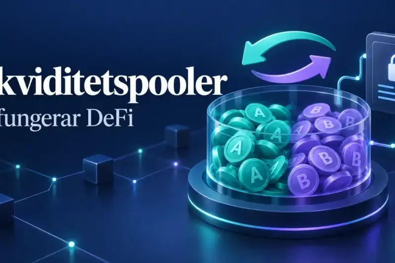 Illustration av en likviditetspool med turkosa och lila token, bytespilar och ett låst smart kontrakt, med texten ”Likviditetspooler – Så fungerar DeFi”.