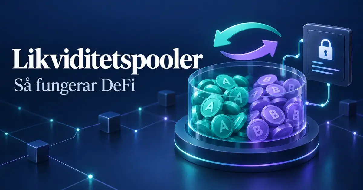 Illustration av en likviditetspool med turkosa och lila token, bytespilar och ett låst smart kontrakt, med texten ”Likviditetspooler – Så fungerar DeFi”.