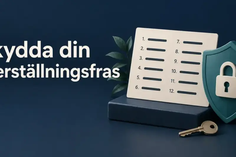 Illustration av ett kort med tolv dolda ord, en sköld med hänglås och en nyckel intill texten ”Skydda din återställningsfras”.