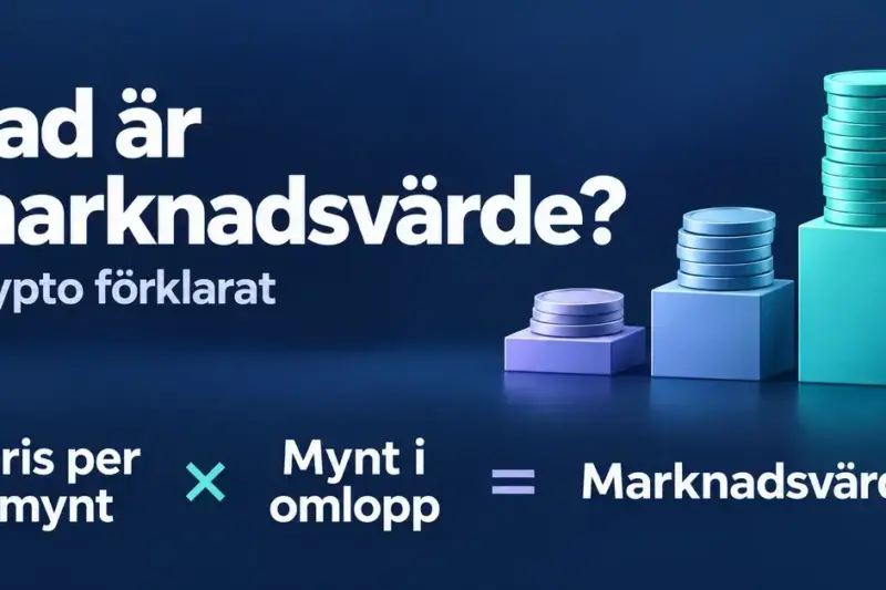 Illustration med myntstaplar och formeln pris per mynt multiplicerat med antal mynt i omlopp är lika med kryptovalutans marknadsvärde.