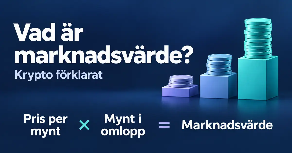 Illustration med myntstaplar och formeln pris per mynt multiplicerat med antal mynt i omlopp är lika med kryptovalutans marknadsvärde.