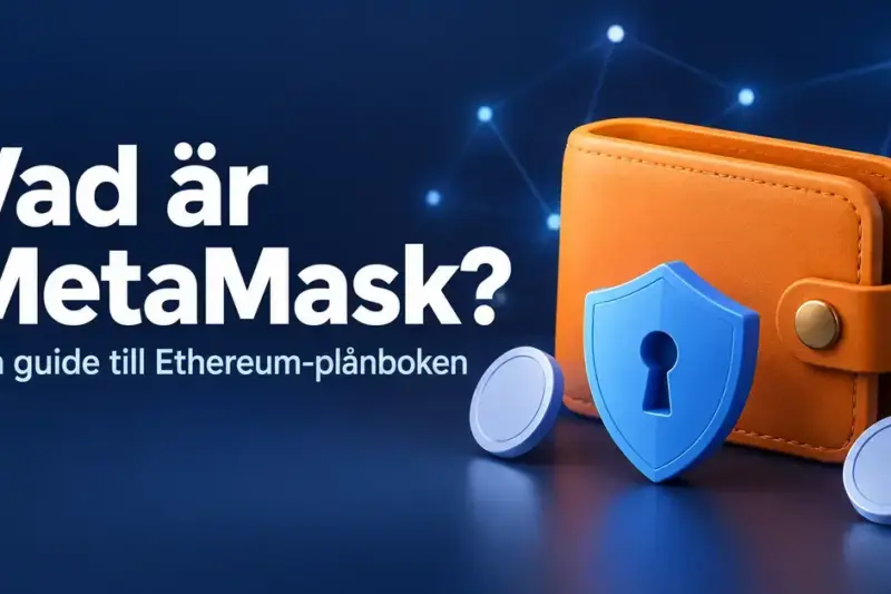 Orange plånbok med en blå säkerhetssköld och digitala mynt mot mörkblå bakgrund, intill texten ”Vad är MetaMask? Din guide till Ethereum-plånboken”.