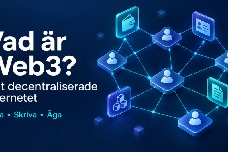 Illustration av Web3 med sammankopplade användare, en digital plånbok, ett identitetskort och blockkedjeblock samt texten ”Vad är Web3? Det decentraliserade internetet – Läsa, Skriva, Äga”.
