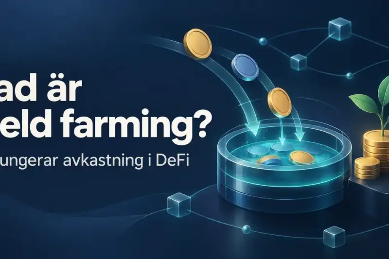 Illustration av kryptomynt som flödar in i en likviditetspool och myntstaplar med en växande planta, med texten ”Vad är yield farming? Så fungerar avkastning i DeFi”.